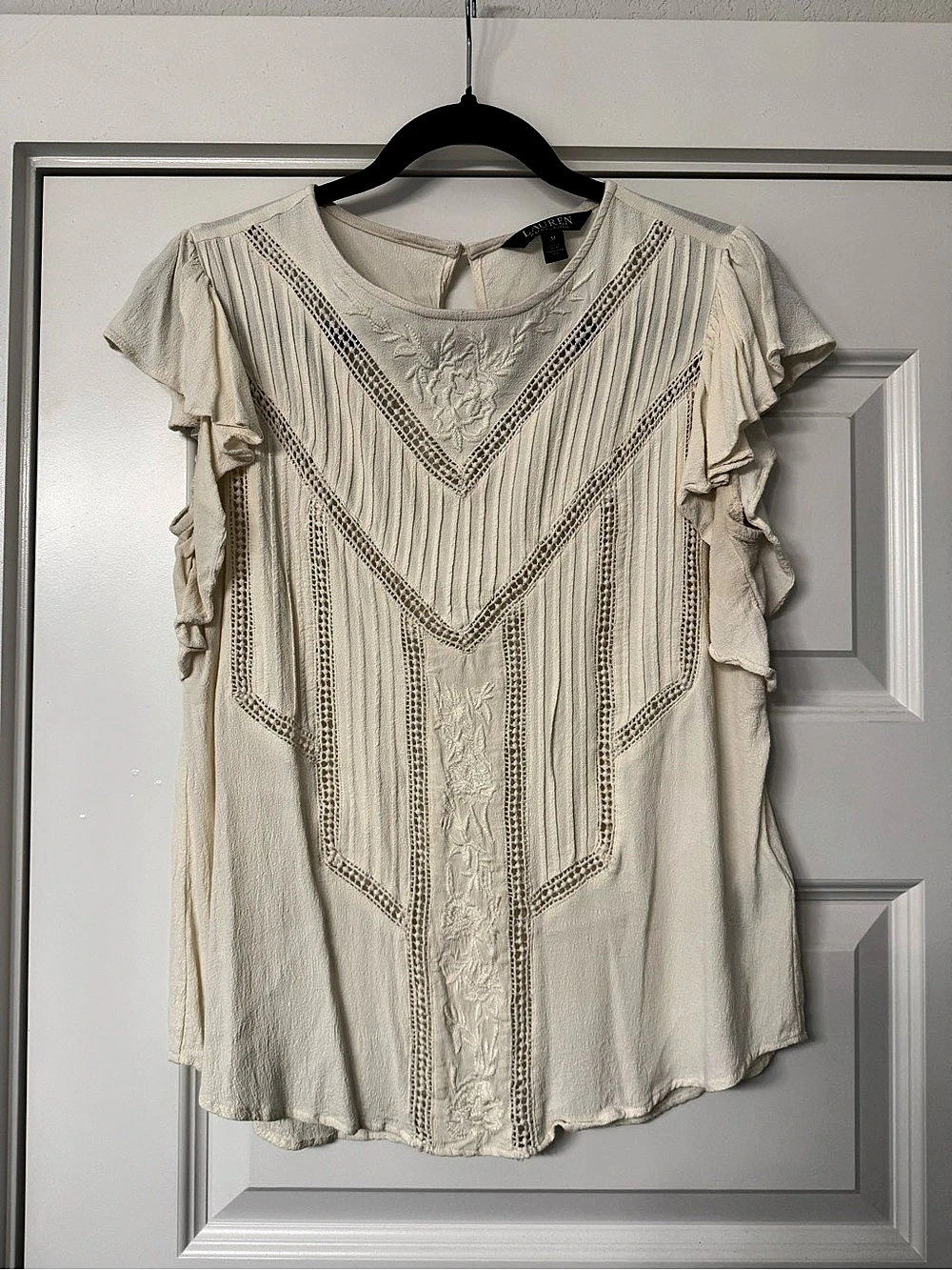Lauren Ralph Lauren White Eyelet Embroidered Flutter Sleeve Top